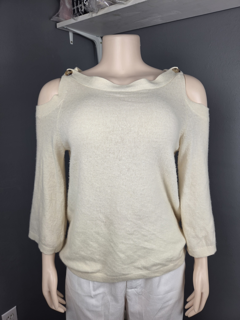Ann Taylor Cream Cold-Shoulder Sweater with Button Straps